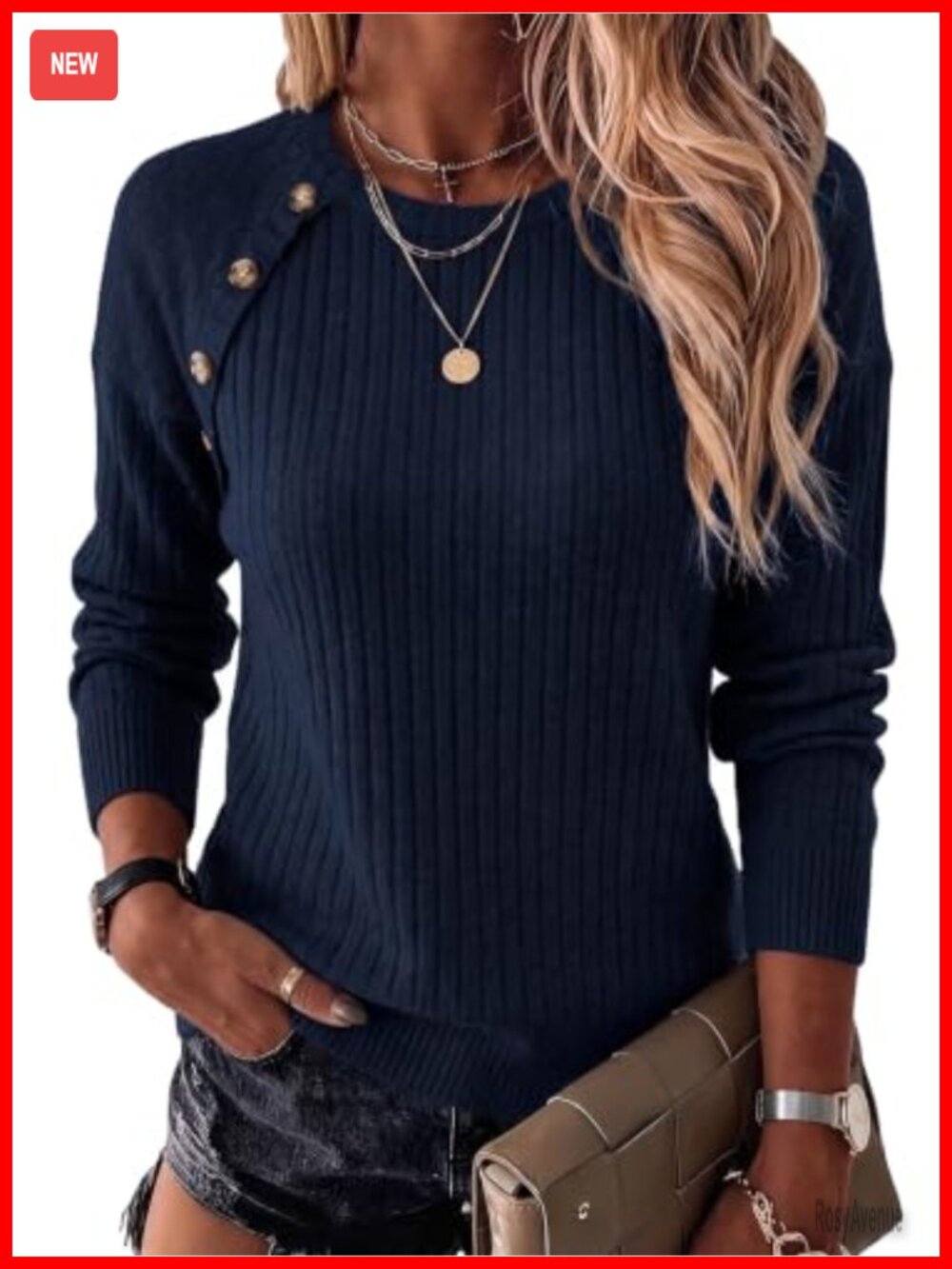 Womens Long Sleeve Knit Pullover Sweater with Button Crew Neck Ribbed